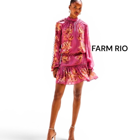 FARM Rio Dresses & Skirts - Farm Rio Pink Delicate Chintz Floral Ric-Rac Mini Dress L 344134